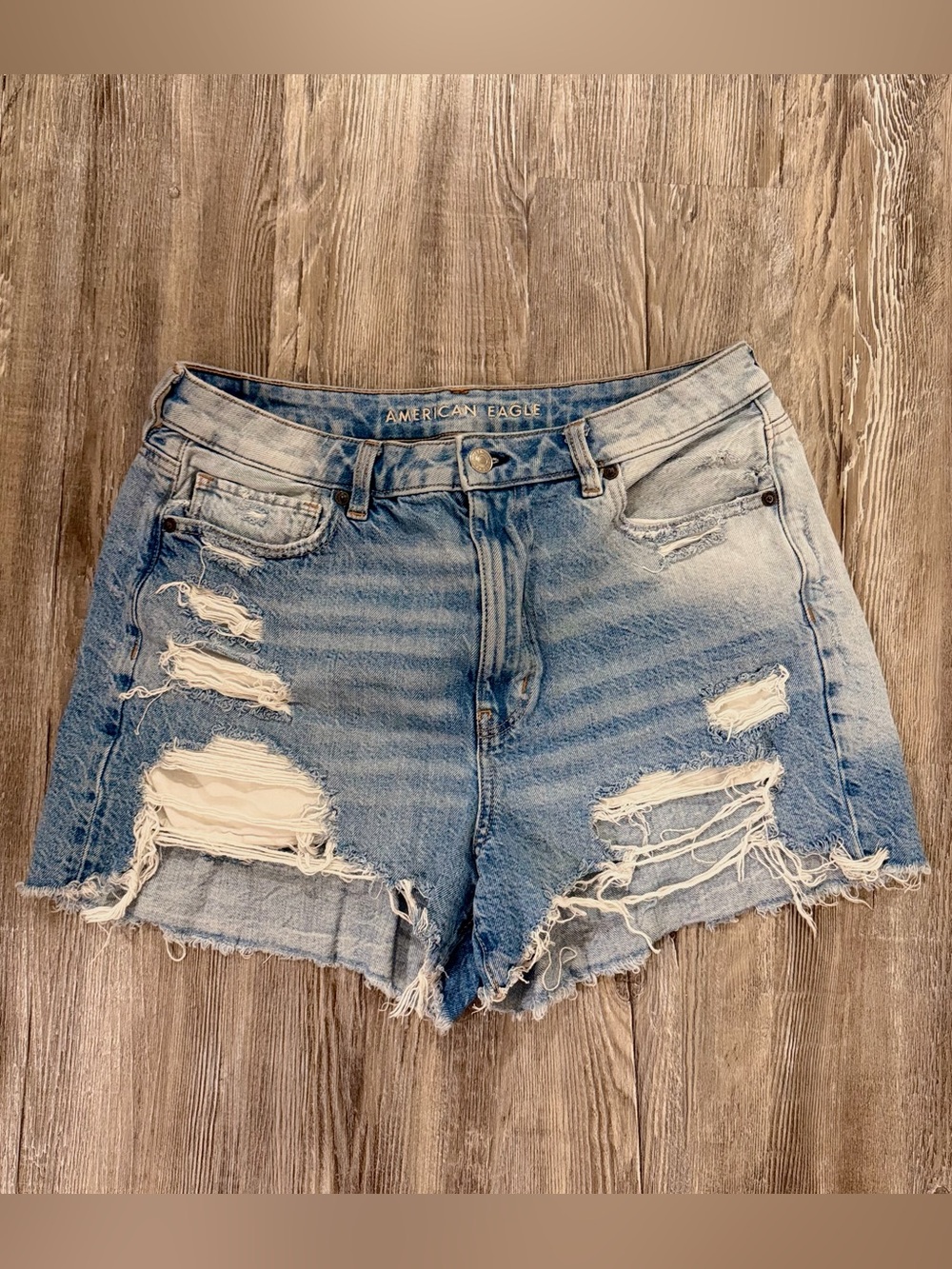 American Eagle Distressed Light Denim High Rise Mom Shorts